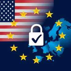 Ein stilisiertes Bild der amerikanischen Flagge mit der EU-Flagge und einem Schloss als Symbol für Datenschutz.